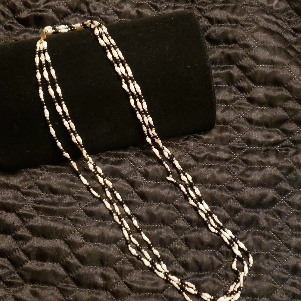 Freshwater sead pearls, black glass, and gold beads 30 inch necklace